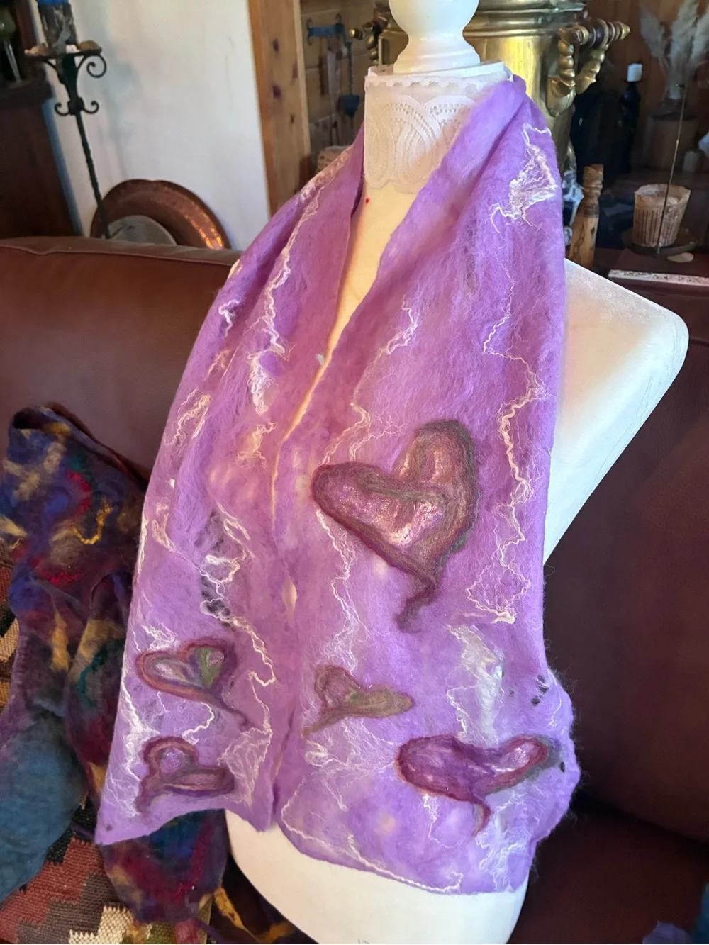 HANDMADE BY SELLER Handmade Lavender wet Felted Wool Scarf with Heart Accents